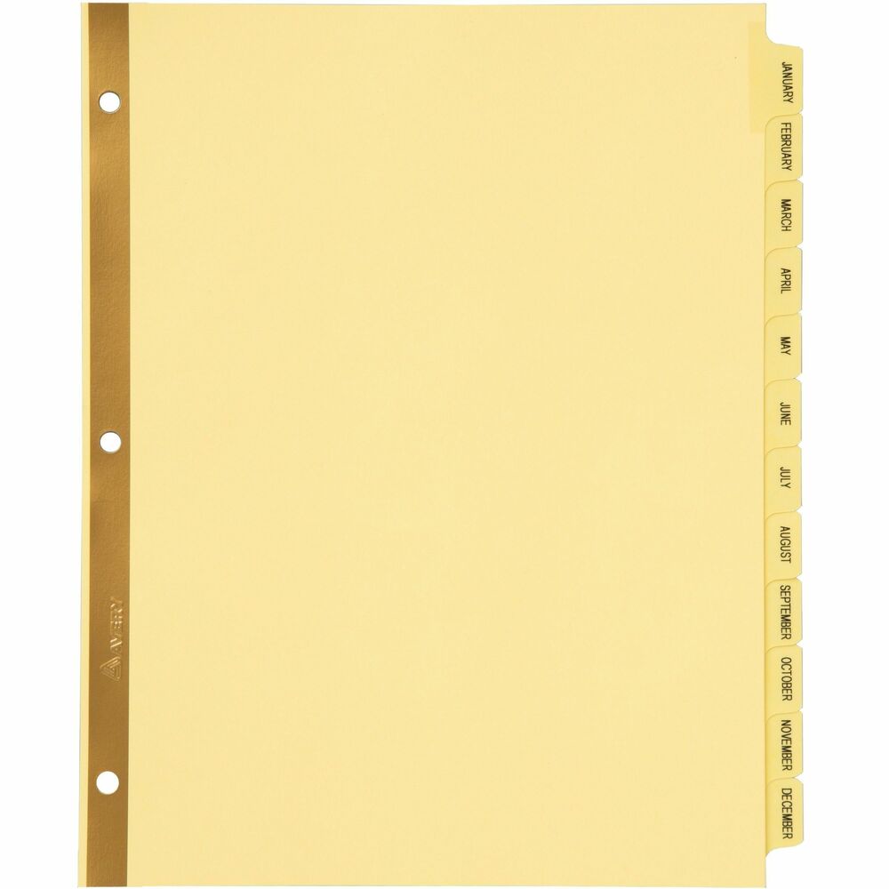 AVE11307 - Preprinted laminated dividers offer gold RipProof reinforcing that prevents pullout at binder holes. Laminated tabs are printed front and back with easy-to-read characters. Preprinted, monthly tabs range from January to December. Dividers offer quality buff paper and single gold-reinforced binding edges.