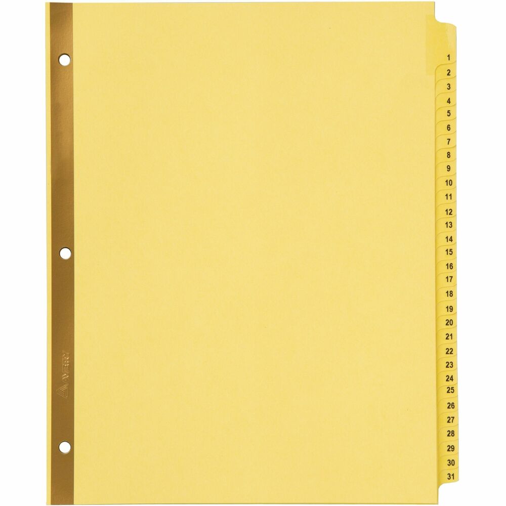 AVE11308 - Dividers feature Gold RipProof reinforcing to prevent pullout at binder holes. Laminated tabs are printed front and back with easy-to-read characters. Preprinted, numbered tabs range from 1 to 31. Dividers offer single gold-reinforced binding edge.