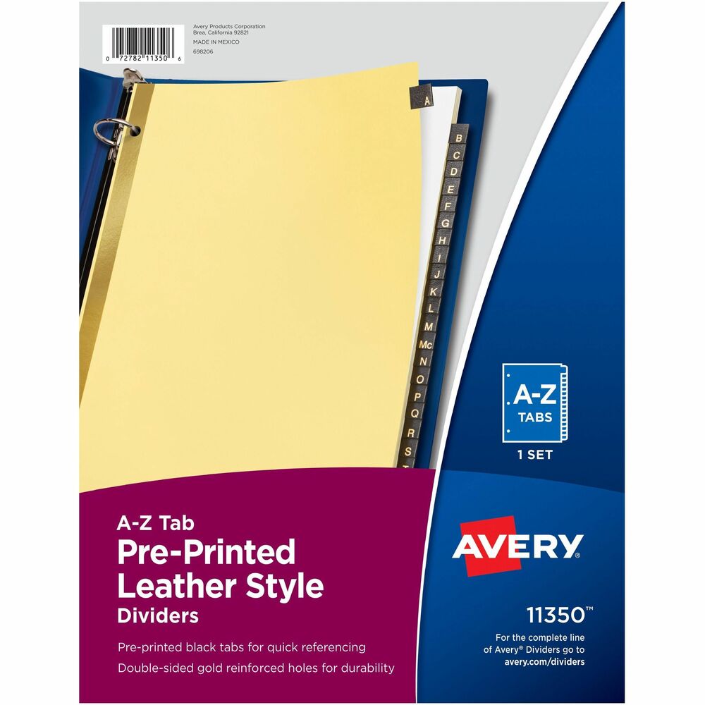 AVE11350 - Three-hole punched tab dividers offer prestigious, black leather tabs stamped with gold ink. Double-sided gold reinforcing along the edge of the buff paper stock prevents tearing. Lettered tabs range from A to Z.