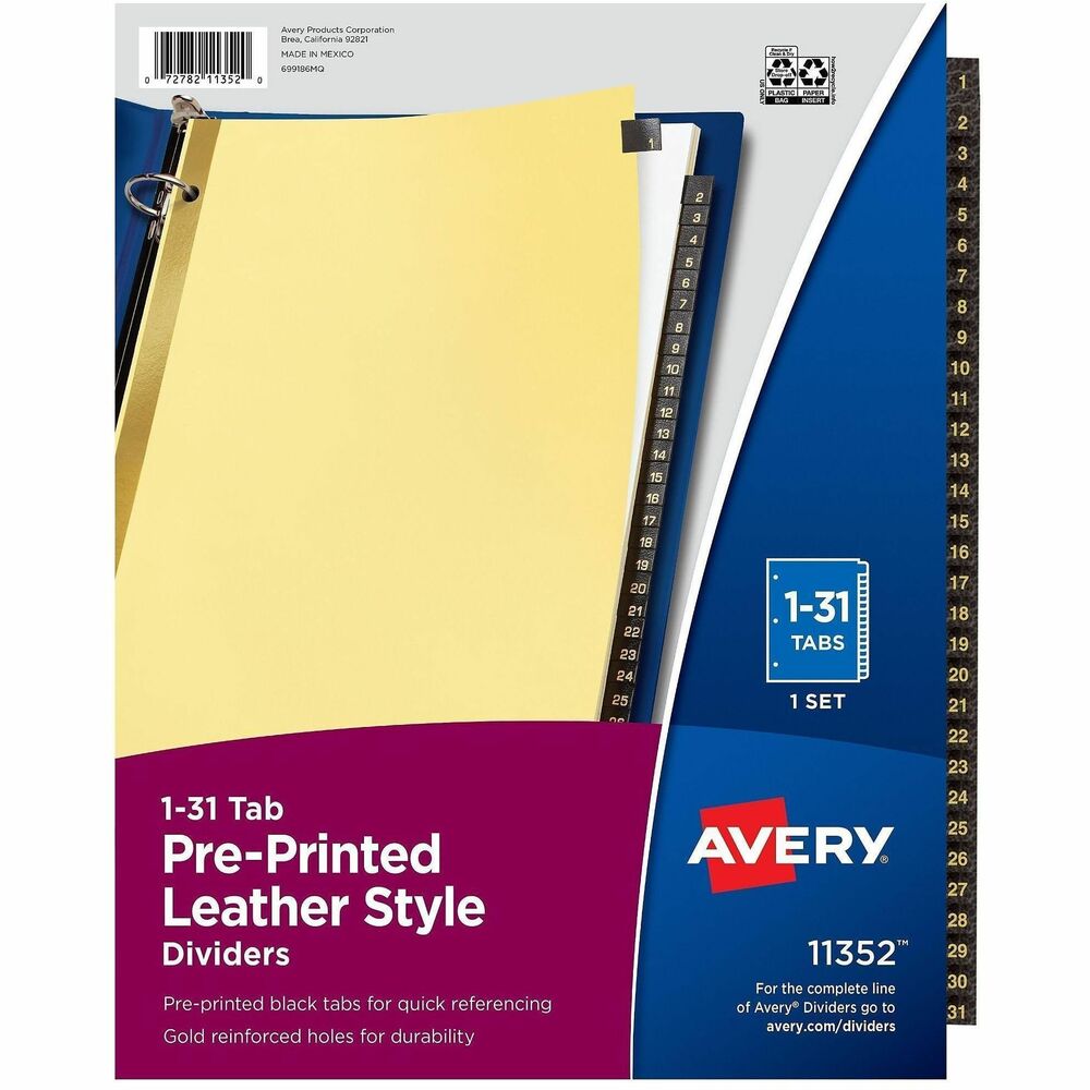 AVE11352 - Three-hole punched tab dividers offer prestigious, black leather tabs stamped with gold ink. Double-sided gold reinforcing along the edge of the buff paper stock prevents tearing. Numbered tabs range from 1 to 31.