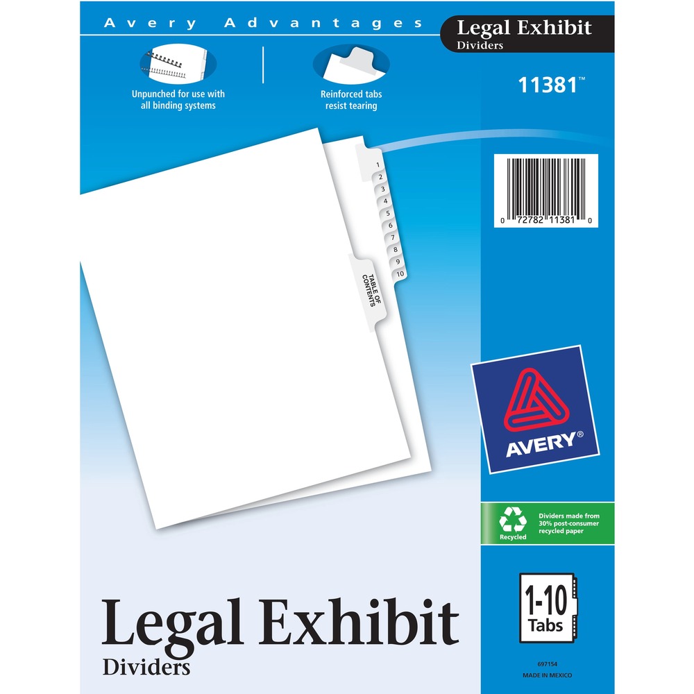 AVE11381 - Use letter-size, collated legal dividers to organize index briefs, legal briefs, mortgage documentation files, and more. White paper stock dividers feature clear, RipProof, reinforced side tabs. Tabs are numbered from 1 to 10 on both sides with Avery Style Helvetica Bold typestyle so you can easily access the documents you need. Binding edge is unpunched so indexes can fit any binding system. Design conforms to all state and federal requirements. Index dividers include a Table of Contents tab.