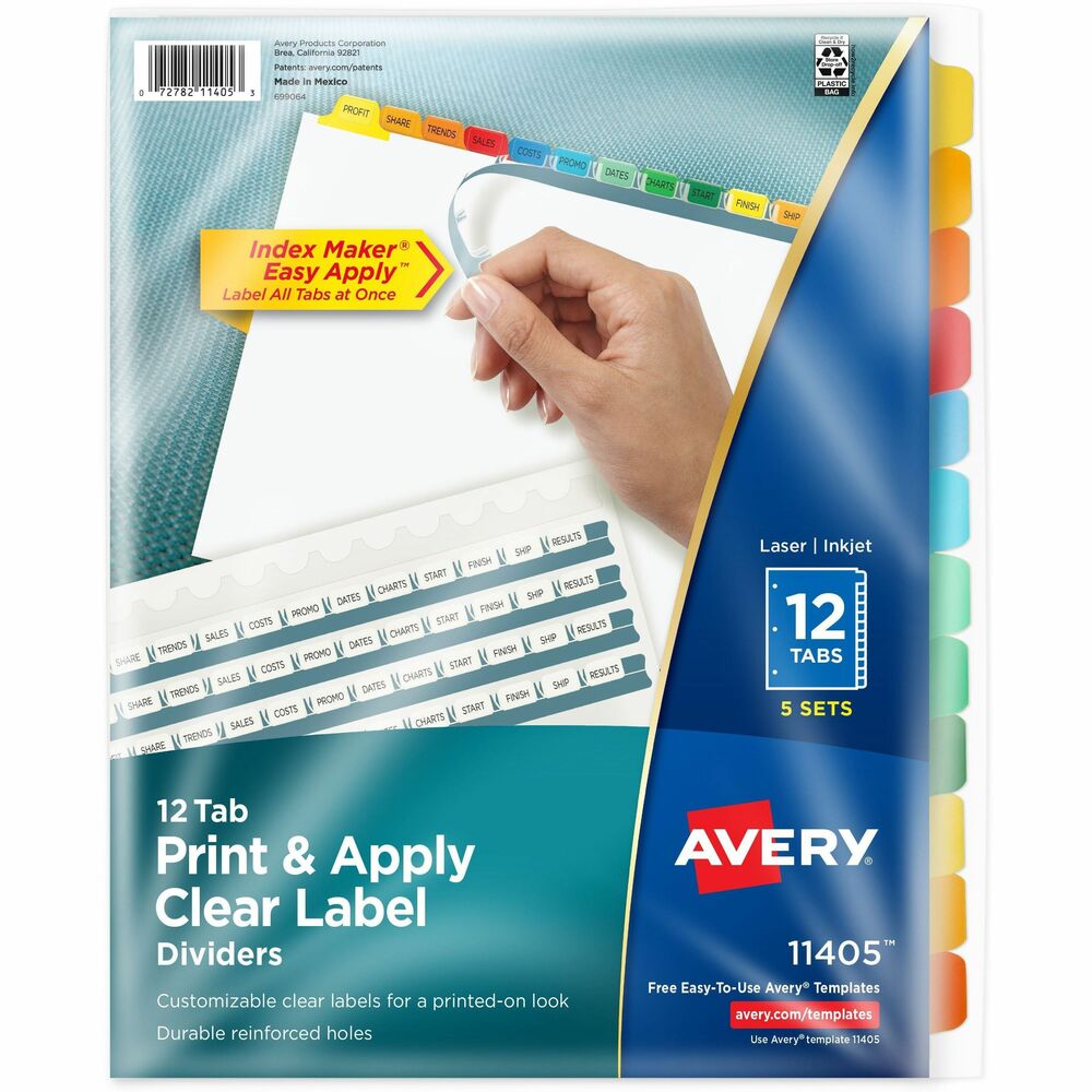 AVE11405 - Make professional-looking dividers with your own tab titles. Label all tabs at once with Easy Apply clear labels. Perfectly align tab labels and label multiple sets quickly with Easy Apply label strips. Label sheet for labeling tabs individually is included in every pack. Format the clear tab labels using your existing software and inkjet or laser printer. Avery offers many easy-to-use templates for Microsoft Word and other popular software programs. Great for larger projects requiring more than one divider set. Three-hole punched dividers have a reinforced binding edge and are designed for use with three-ring binders. More from the Manufacturer