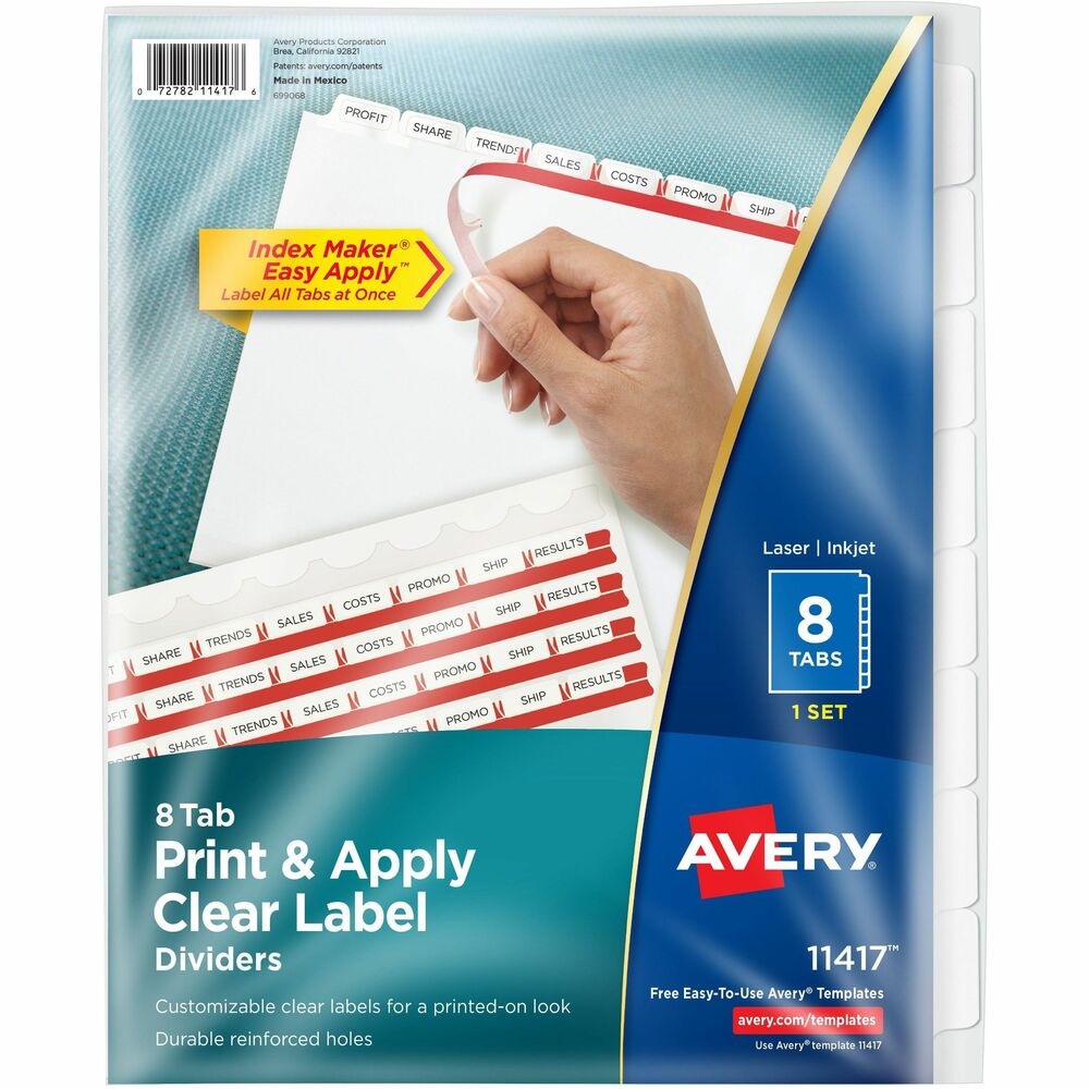 AVE11417 - Personalize your tab titles and create dividers that look professionally printed. The clear tab labels virtually disappear when applied to premium white dividers. Label all tabs at once with Easy Apply clear labels. Perfectly align tab labels and label multiple sets quickly with Easy Apply label strips. Label sheet for labeling tabs is included. Avery offers many easy-to-use templates in Microsoft Word and other popular software programs. Labels are compatible with laser and inkjet printers. Three-hole punched dividers have a reinforced binding edge and are designed for use with three-ring binders. More from the Manufacturer