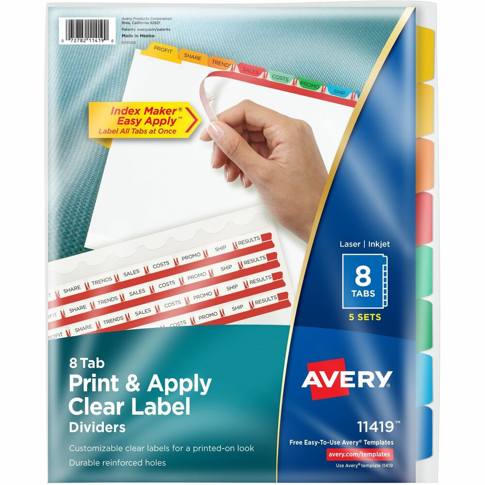 AVE11419 - Make professional-looking dividers with your own tab titles. Label all tabs at once with Easy Apply clear labels. Perfectly align tab labels and label multiple sets quickly with Easy Apply label strips. Label sheet for labeling tabs individually is included in every pack. Format the clear tab labels using your existing software and inkjet or laser printer. Avery offers many easy-to-use templates for Microsoft Word and other popular software programs. Great for larger projects requiring more than one divider set. Three-hole punched dividers have a reinforced binding edge and are designed for use with three-ring binders. More from the Manufacturer
