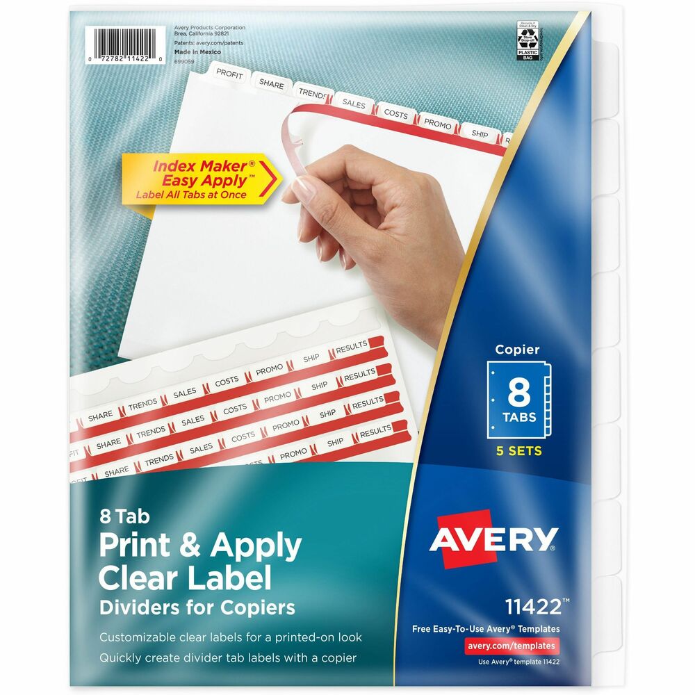 AVE11422 - Customize your tab titles and create dividers that look professionally printed. Format the clear tab labels using your typewriter and office copier. Photocopy tab titles onto label sheets. The clear labels virtually disappear when applied to premium white tabs. Dividers are punched and offer a reinforced binding edge.
