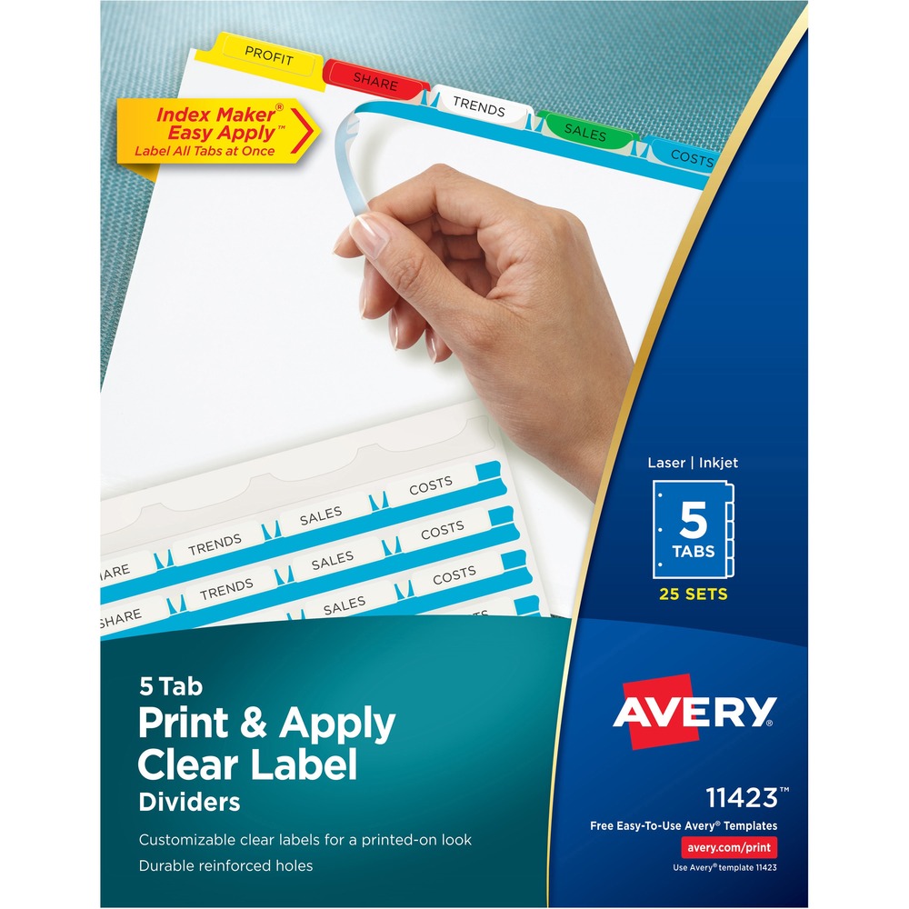 AVE11423 - Make professional-looking dividers with your own tab titles. Label all tabs at once with Easy Apply clear labels. Perfectly align tab labels and label multiple sets quickly with Easy Apply label strips. Label sheet for labeling tabs individually is included in every pack. Format the clear tab labels using your existing software and inkjet or laser printer. Avery offers many easy-to-use templates for Microsoft Word and other popular software programs. Great for larger projects requiring more than one divider set. Three-hole punched dividers have a reinforced binding edge and are designed for use with three-ring binders. More from the Manufacturer