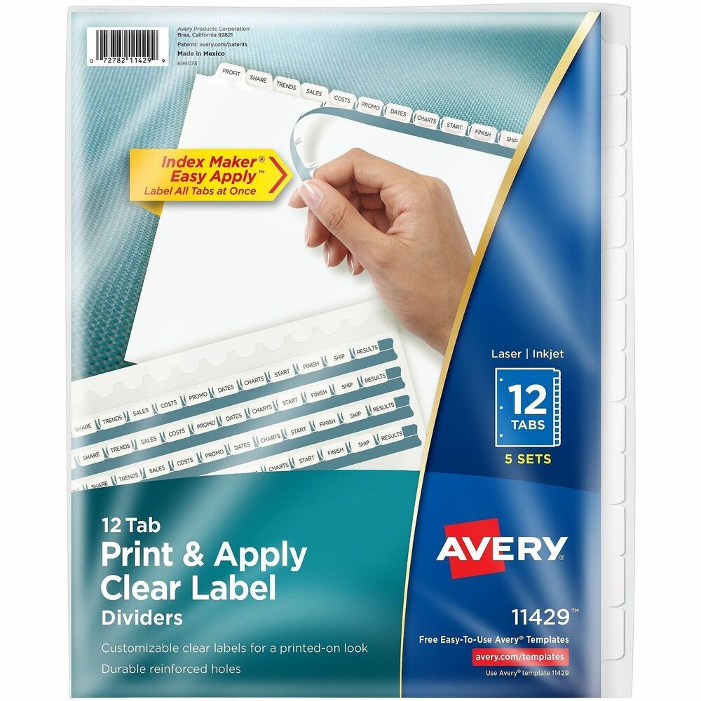 Avery 12 Tab Print & Apply Dividers, Index Maker(R), 5 Sets (11429) - 5 x Divider(s) - 60 Print-on Tab(s) - 12 Tab(s)/Set - 8.5" Divider Width x 11" Divider Length - 3 Hole Punched - White Paper Divider - White Paper Tab(s) - 20% - Hole-punched, Printable