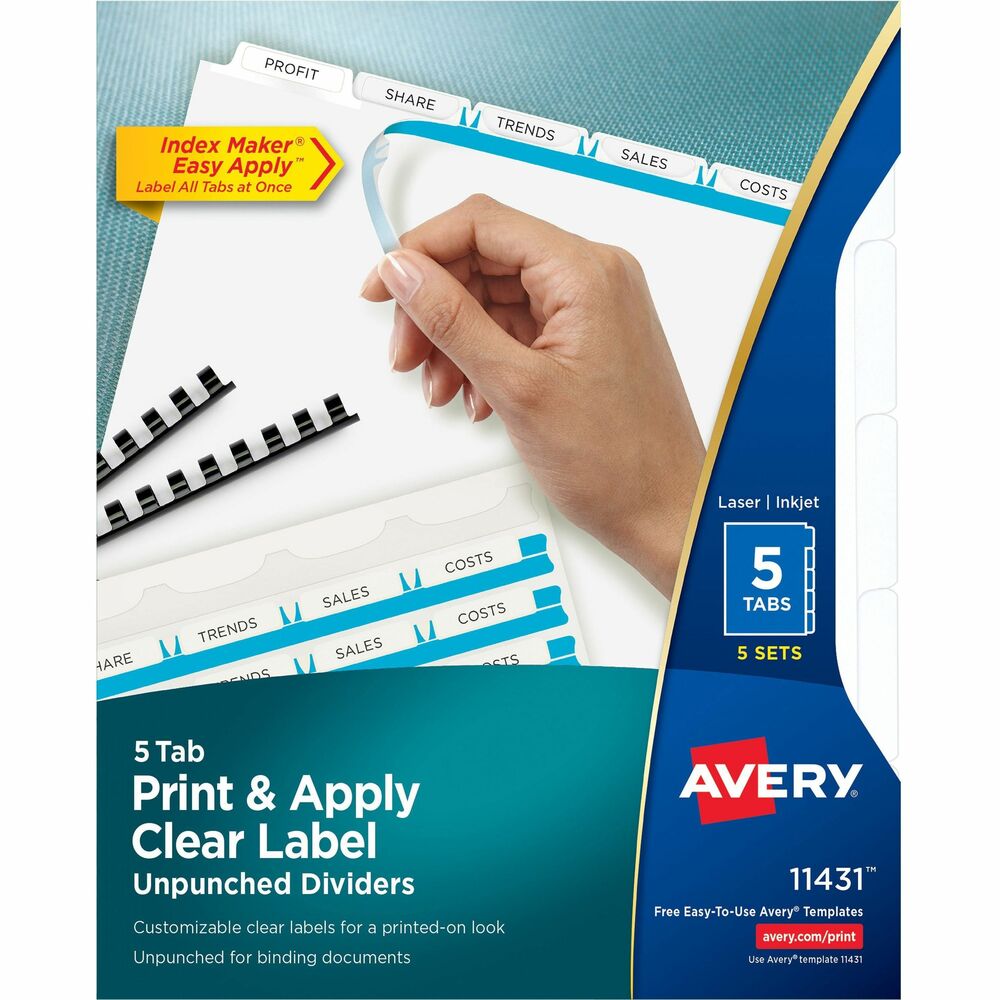 AVE11431 - Personalize your tab titles and create dividers that look professionally printed. Unpunched dividers are designed for use with comb and thermal binding units. The clear tab labels virtually disappear when applied to premium white dividers. Save time with the Easy Apply label strip. Use it to apply the clear labels to all the divider tabs at one time. Simply print, align labels against tabs, smooth down labels and peel up strip. Avery offers many easy-to-use templates in Microsoft Word and other popular software programs. Letter-size dividers are compatible with laser and inkjet printers.