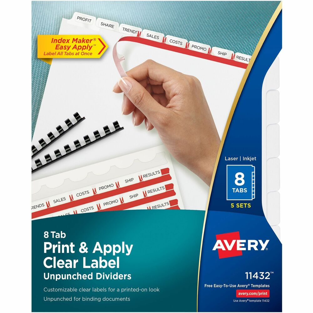 AVE11432 - Personalize your tab titles and create dividers that look professionally printed. Unpunched dividers are designed for use with comb and thermal binding units. The clear tab labels virtually disappear when applied to premium white dividers. Save time with the Easy Apply label strip. Use it to apply the clear labels to all the divider tabs at one time. Simply print, align labels against tabs, smooth down labels and peel up strip. Avery offers many easy-to-use templates in Microsoft Word and other popular software programs. Letter-size dividers are compatible with laser and inkjet printers.