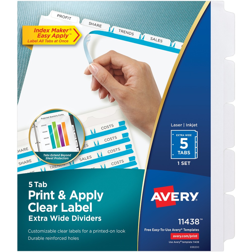 AVE11438 - Don't waste time and money ordering custom printed binder dividers with tabs when you can easily create and print your own personalized dividers with Avery Index Maker Clear Label Extra-Wide Dividers. These larger 9.25" x 11.25" dividers extend past standard sheet protectors, so tab titles remain visible for quick and easy referencing. Customize your title tabs quickly and easily using the free templates on the Avery website and print with your inkjet or laser printer for clean, professional looking results in minutes. This pack comes with one set of 5-tab dividers, and the Easy Apply clear label strips make it simple to apply all 5 labels at once. Just print, align labels against tabs, smooth down labels and peel up strip. Each 3-hole punched durable divider also features doubled-sided, reinforced tabs and edges to help resist tearing for long-lasting, everyday use. These 3 ring binder dividers with tabs are a great addition to your medical office supplies, school binders, personal organizers, tax office supplies, presentation reports and more. Print, peel, and press your way to a perfect, precise project.    More from the Manufacturer