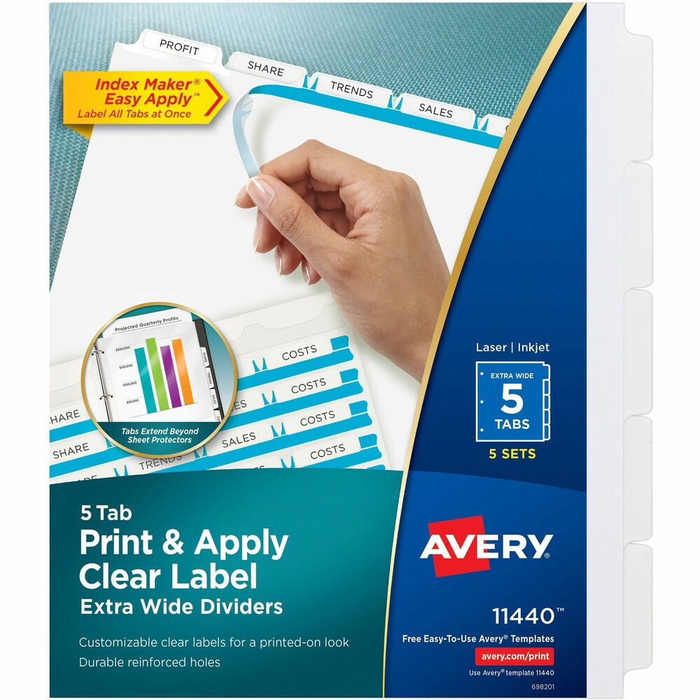 AVE11440 - Personalize your tab titles and create dividers that look professionally printed. Avery offers many easy-to-use templates for Microsoft Word and other popular software programs. Simply print the section titles onto the clear labels using your laser or inkjet printer. The clear labels virtually disappear when applied to premium, extra-wide, white tabs. Label all tabs at once with Easy Apply clear labels. Perfectly align tab labels and label multiple sets quickly with Easy Apply label strips. Label sheet for labeling tabs is included. Three-hole punched dividers have a reinforced binding edge and are designed for use with three-ring binders. More from the Manufacturer