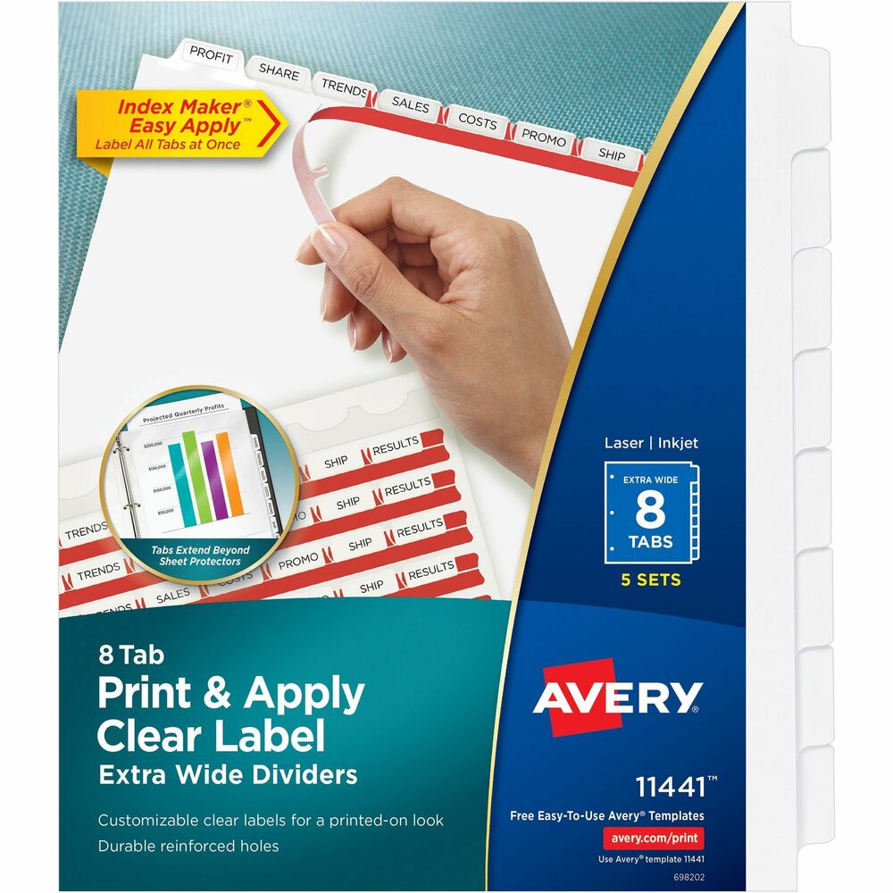 AVE11441 - Personalize your tab titles and create dividers that look professionally printed. Avery offers many easy-to-use templates for Microsoft Word and other popular software programs. Simply print the section titles onto the clear labels using your laser or inkjet printer. The clear labels virtually disappear when applied to premium, extra-wide, white tabs. Label all tabs at once with Easy Apply clear labels. Perfectly align tab labels and label multiple sets quickly with Easy Apply label strips. Label sheet for labeling tabs is included. Three-hole punched dividers have a reinforced binding edge and are designed for use with three-ring binders. More from the Manufacturer