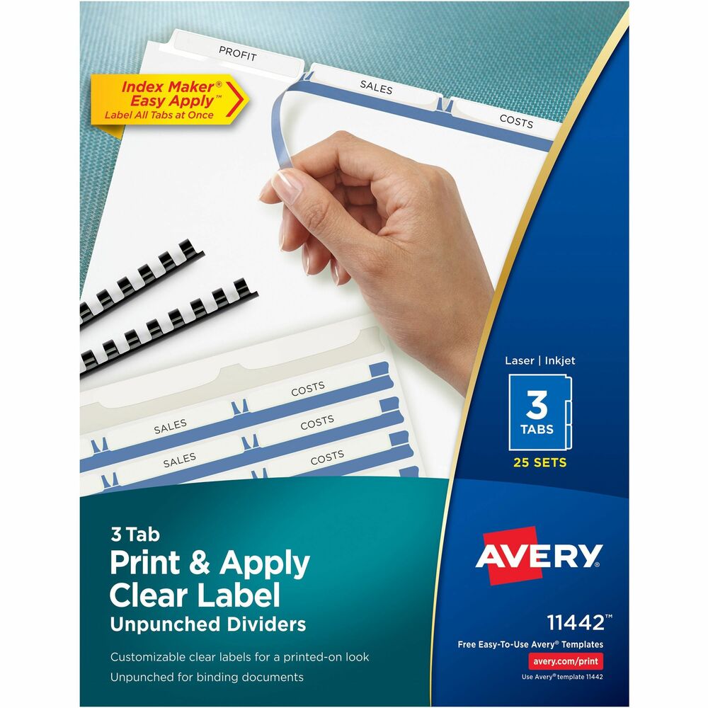 AVE11442 - Personalize your tab titles and create dividers that look professionally printed. Unpunched dividers are designed for use with comb and thermal binding units. The clear tab labels virtually disappear when applied to premium white dividers. Save time with the Easy Apply label strip. Use it to apply the clear labels to all the divider tabs at one time. Simply print, align labels against tabs, smooth down labels and peel up strip. Avery offers many easy-to-use templates in Microsoft Word and other popular software programs. Letter-size dividers are compatible with laser and inkjet printers.
