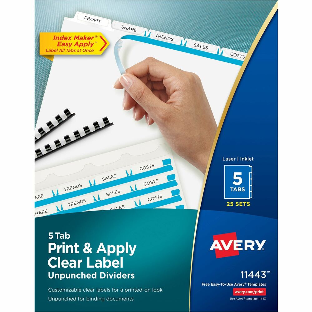 AVE11443 - Personalize your tab titles and create dividers that look professionally printed. Unpunched dividers are designed for use with comb and thermal binding units. The clear tab labels virtually disappear when applied to premium white dividers. Save time with the Easy Apply label strip. Use it to apply the clear labels to all the divider tabs at one time. Simply print, align labels against tabs, smooth down labels and peel up strip. Avery offers many easy-to-use templates in Microsoft Word and other popular software programs. Letter-size dividers are compatible with laser and inkjet printers.