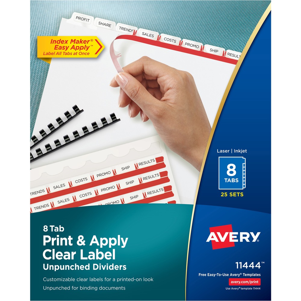 AVE11444 - Personalize your tab titles and create dividers that look professionally printed. Unpunched dividers are designed for use with comb and thermal binding units. The clear tab labels virtually disappear when applied to premium white dividers. Save time with the Easy Apply label strip. Use it to apply the clear labels to all the divider tabs at one time. Simply print, align labels against tabs, smooth down labels and peel up strip. Avery offers many easy-to-use templates in Microsoft Word and other popular software programs. Letter-size dividers are compatible with laser and inkjet printers.