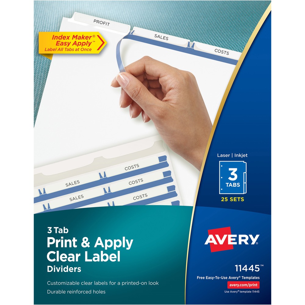 AVE11445 - Personalize your tab titles and create dividers that look professionally printed. The clear tab labels virtually disappear when applied to premium white dividers. Label all tabs at once with Easy Apply clear labels. Perfectly align tab labels and label multiple sets quickly with Easy Apply label strips. Label sheet for labeling tabs is included. Avery offers many easy-to-use templates in Microsoft Word and other popular software programs. Labels are compatible with laser and inkjet printers. Three-hole punched dividers have a reinforced binding edge and are designed for use with three-ring binders.
