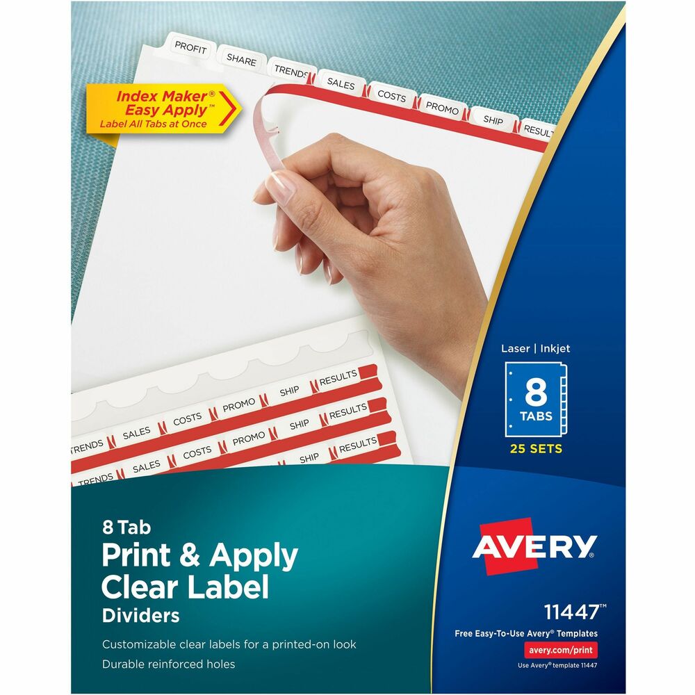 AVE11447 - Personalize your tab titles and create dividers that look professionally printed. The clear tab labels virtually disappear when applied to premium white dividers. Label all tabs at once with Easy Apply clear labels. Perfectly align tab labels and label multiple sets quickly with Easy Apply label strips. Label sheet for labeling tabs is included. Avery offers many easy-to-use templates in Microsoft Word and other popular software programs. Labels are compatible with laser and inkjet printers. Three-hole punched dividers have a reinforced binding edge and are designed for use with three-ring binders.