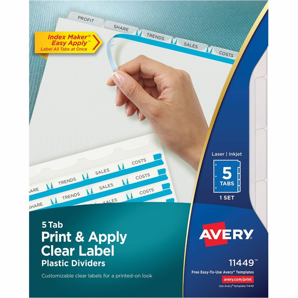 AVE11449 - Make your documents stand out. Translucent plastic dividers provide a modern design for creating professional-looking documents. Clear tab labels virtually disappear when applied to the clear divider tabs. Format the clear tab labels with your existing software and print using your laser or inkjet printer. Quick, easy-to-create dividers look professionally printed. Ideal for larger projects requiring more than one divider set. Dividers are three-hole punched for use in three-ring binders. Avery offers many easy-to-use Avery Templates for Microsoft Word and other popular software programs. Dividers include a standard clear label sheet. More from the Manufacturer