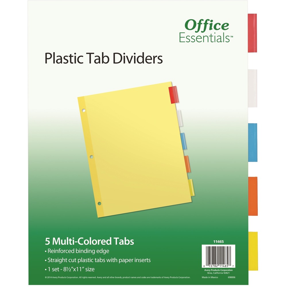 AVE11465 - Make your presentation a real page turner by organizing it with these Office Essentials Insertable Dividers. They feature translucent, plastic multicolored tabs for extra durability. Write your labels on the included paper tab inserts. Dividers are three-hole punched along the reinforced binding edge so they are ready for a standard binder. More from the Manufacturer