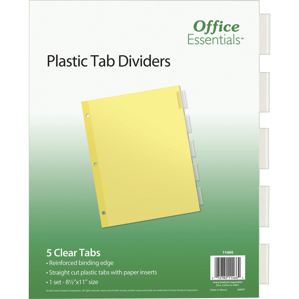 AVE11466 - Make your presentation a real page turner by organizing it with these Office Essentials Insertable Dividers. They feature translucent, plastic clear tabs for extra durability. Write your labels on the included paper tab inserts. Dividers are three-hole punched along the reinforced binding edge so they are ready for a standard binder. More from the Manufacturer