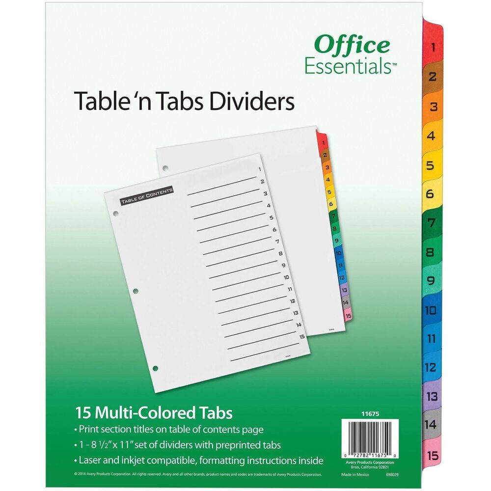 AVE11675 - Economical white dividers cater to a variety of binder organization needs. Print or photocopy section titles onto the 8-1/2" x 11" Table of Contents page for easy organization. Tabs come pre-printed with numbers to match. Table of Contents page is compatible with laser printers, inkjet printers, typewriters and copiers. Make multiple divider sets in minutes. More from the Manufacturer