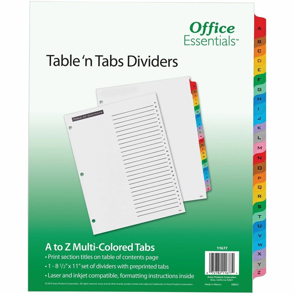 AVE11677 - Print or photocopy section titles onto the 8-1/2" x 11" Table of Contents page. Tabs come pre-printed to match. Table of Contents page is laser, inkjet, typewriter and copier compatible. Make multiple divider sets in minutes. More from the Manufacturer