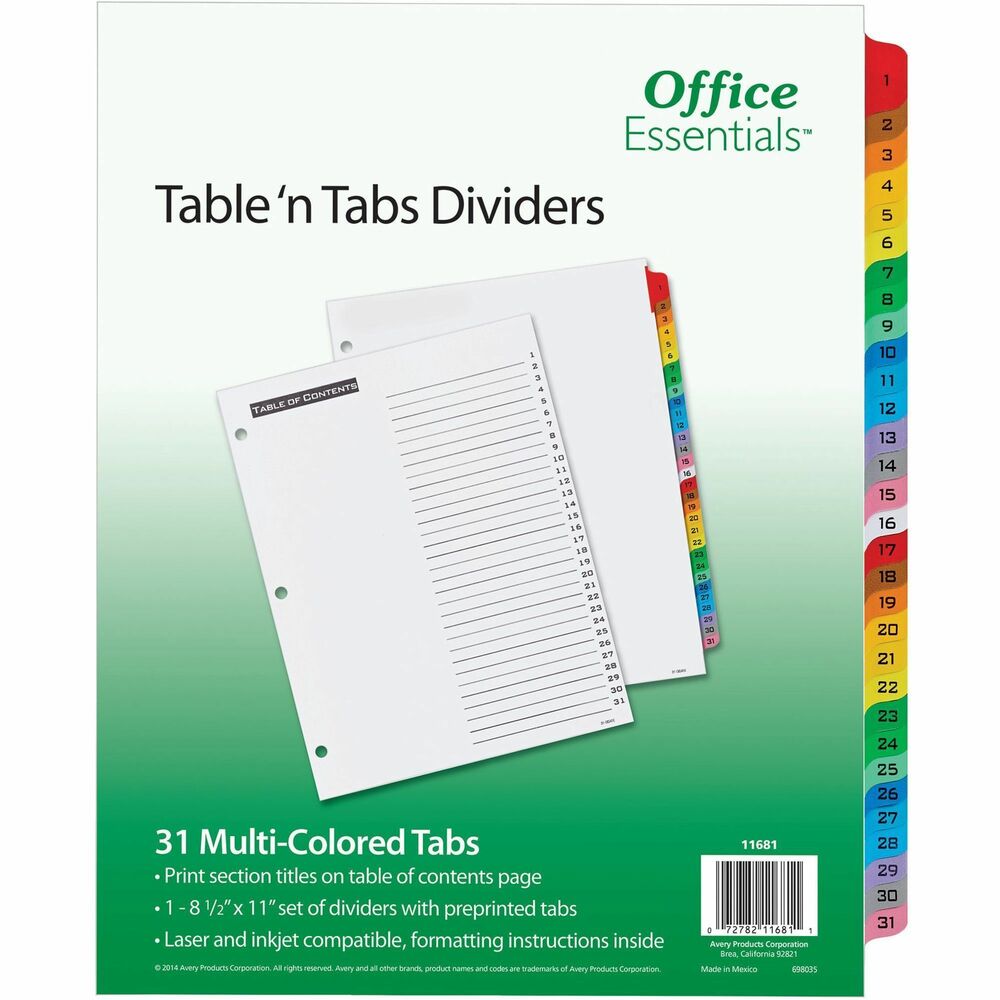 AVE11681 - Print or photocopy section titles onto the 8-1/2" x 11" Table of Contents page. Tabs come preprinted to match. Table of Contents page is laser, inkjet, typewriter and copier compatible. Make multiple divider sets in minutes. More from the Manufacturer