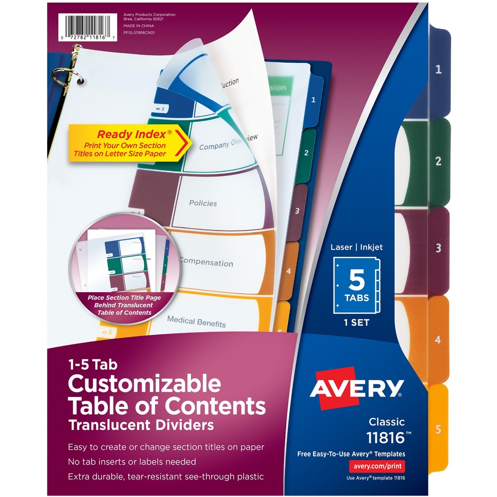 AVE11816 - Customize your documents with the durable translucent Table of Contents dividers. Dividers have a modern design for professional-looking documents that you can use to organize your design quickly and easily. Use with laser or inkjet printers. Dividers print in portrait format. Print the section titles onto a plain sheet of paper and then three-hole punch the contents page. Place the sheet behind the translucent Table of Contents sheet. To update Table of Contents, just print new section titles onto another sheet of paper. Customize the Table of Contents page by adding graphics or a company logo. These dividers will not lift print. Use with standard three-ring binders. More from the Manufacturer