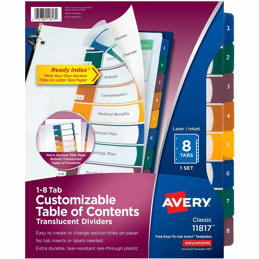 AVE11817 - Customize your documents with the durable translucent Table of Contents dividers. Dividers have a modern design for professional-looking documents that you can use to organize your design quickly and easily. Use with laser or inkjet printers. Dividers print in portrait format. Print the section titles onto a plain sheet of paper and then three-hole punch the contents page. Place the sheet behind the translucent Table of Contents sheet. To update Table of Contents, just print new section titles onto another sheet of paper. Customize the Table of Contents page by adding graphics or a company logo. These dividers will not lift print. Use with standard three-ring binders. More from the Manufacturer