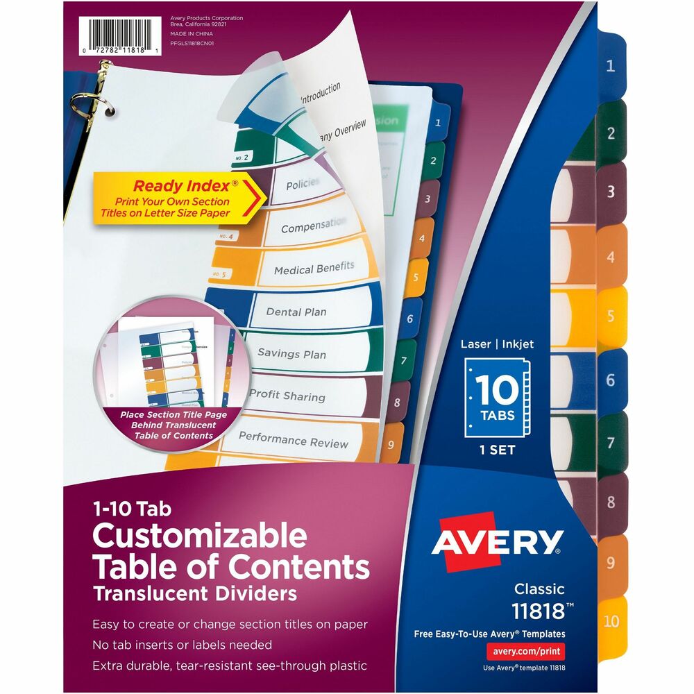 AVE11818 - Customize your documents with the durable translucent Table of Contents dividers. Dividers have a modern design for professional-looking documents that you can use to organize your design quickly and easily. Use with laser or inkjet printers. Dividers print in portrait format. Print the section titles onto a plain sheet of paper and then three-hole punch the contents page. Place the sheet behind the translucent Table of Contents sheet. To update Table of Contents, just print new section titles onto another sheet of paper. Customize the Table of Contents page by adding graphics or a company logo. These dividers will not lift print. Use with standard three-ring binders. More from the Manufacturer