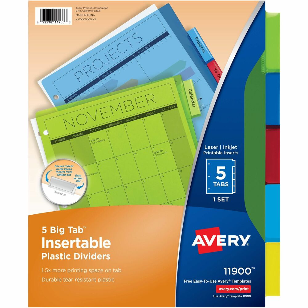 AVE11900 - Simplify your life in moments with this set of Big Tab Insertable Plastic Dividers. The unique Big Tab design features a secure indent point that keeps inserts from falling out while also having a larger cutout for easy access. Larger divider tab also allows 1.5 times more space for printing and writing than regular dividers. Each divider is created with a durable, tear-resistant plastic material that withstands frequent use. Transparent plastic makes it easy to view your documents at a glance for instant reference. These three-hole punched dividers are perfect for organizing any project whether it's in the office, the classroom or at home. A sheet of printable tab inserts is included that is compatible with both inkjet and laser printers. Customize these inserts with your own fonts, images and text with easy-to-use downloadable templates. More from the Manufacturer