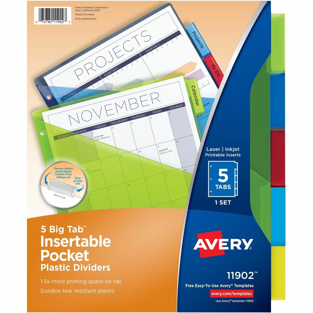 AVE11902 - Durable plastic dividers with a pocket are ideal for frequently referenced documents. Print the included inserts using an inkjet or laser printer. Big tabs and inserts provide 50 percent more printing space for tab titles than traditional, insertable tab dividers. Tab design secures inserts and allows easy access to insert and remove tab dividers. Dividers are three-hole punched for use in binders. Avery offers many easy-to-use templates for Microsoft Word and other popular software programs. More from the Manufacturer