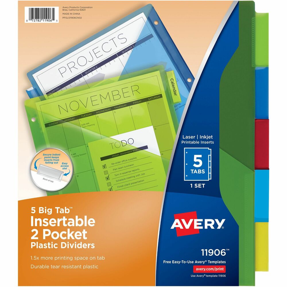 AVE11906 - Durable plastic dividers with two pockets are ideal for frequently referenced documents. Print the inserts using an inkjet or laser printer. Bigger tabs and inserts provide 50 percent more printing space for tab titles than traditional, insertable tab dividers. Tab design secures inserts and allows easy access to insert and remove tab dividers. Dividers are three-hole punched for use in binders. Avery offers many easy-to-use templates for Microsoft Word and other popular software programs. More from the Manufacturer