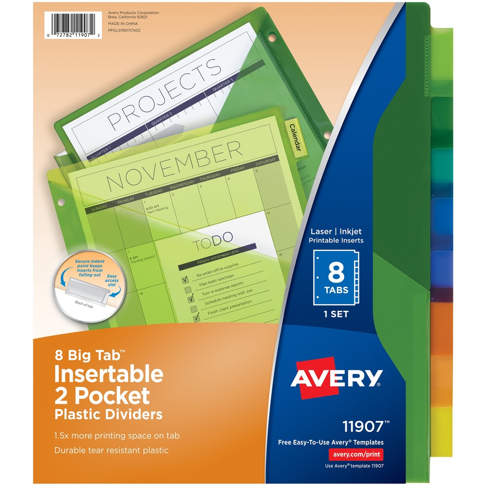 AVE11907 - Durable plastic dividers with two pockets are ideal for frequently referenced documents. Print the inserts using an inkjet or laser printer. Bigger tabs and inserts provide 50 percent more printing space for tab titles than traditional, insertable tab dividers. Tab design secures inserts and allows easy access to insert and remove tab dividers. Dividers are three-hole punched for use in binders. Avery offers many easy-to-use templates for Microsoft Word and other popular software programs. More from the Manufacturer