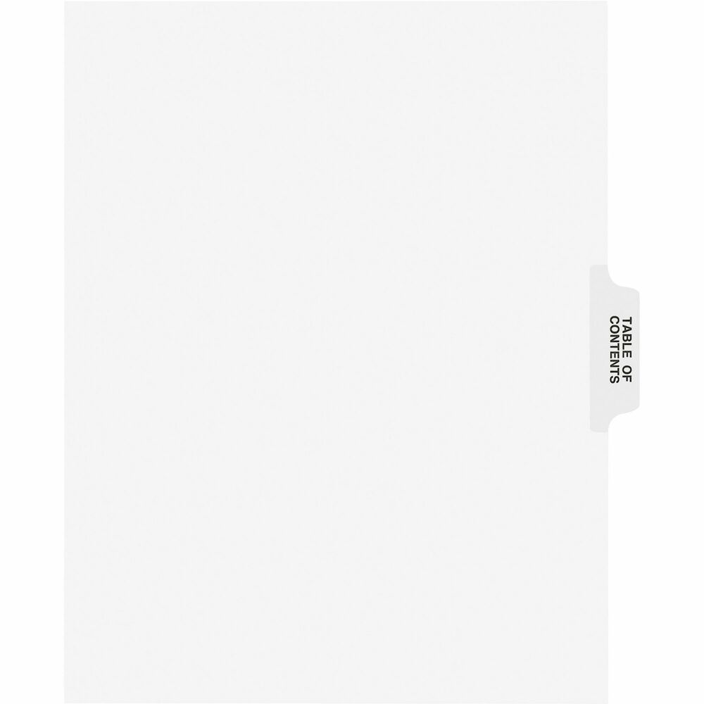 AVE11910 - Use for index briefs, legal briefs, mortgage documentation files, and more. White paper stock dividers feature clear RipProof reinforced Table of Contents side tabs. Tabs are printed on both sides. Binding edge is unpunched so indexes can fit any binding system. Designed to conform to all state and federal requirements. Avery style printed with Helvetica Bold typestyle.