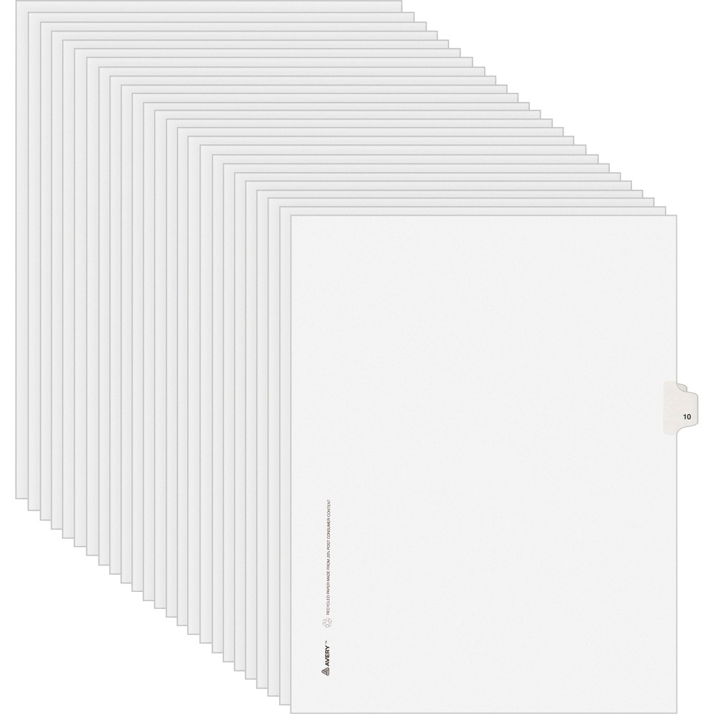 AVE11920 - Use these individual legal dividers when you're assembling your case for organized files. This set contains 25 dividers printed with the same tab. Use these dividers to organize your index briefs, legal exhibits, mortgage documentation files and more. The crisp and clean, white paper stock gives your files a professional appearance. The durable, Rip Proof, reinforced side tabs are preprinted on both sides using Helvetica bold type so you can locate your information easily. The unpunched binding edges mean these indexes can fit practically any binding system.