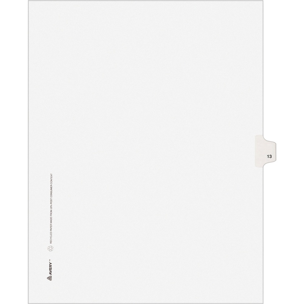 AVE11923 - Use these individual legal dividers when you're assembling your case for organized files. This set contains 25 dividers printed with the same tab. Use these dividers to organize your index briefs, legal exhibits, mortgage documentation files and more. The crisp and clean, white paper stock gives your files a professional appearance. The durable, Rip Proof, reinforced side tabs are preprinted on both sides using Helvetica bold type so you can locate your information easily. The unpunched binding edges mean these indexes can fit practically any binding system.