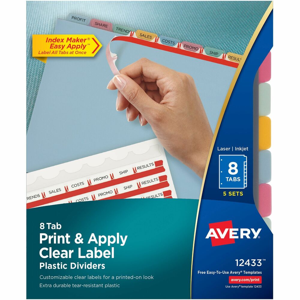 AVE12433 - Translucent plastic dividers add a contemporary look to your documents. The durability of plastic creates great-looking results that last. Patented clear tab labels virtually disappear when applied to premium white dividers. Format the clear tab labels using your existing software and inkjet or laser printer. Avery offers many easy-to-use templates for Microsoft Word and other popular software programs. Save time with included Easy Apply Label Strips. You can apply the clear labels to all the divider tabs at one time. Quick, easy-to-create dividers look professionally printed. Great for larger projects requiring more than one divider set. Dividers are punched for use with three-ring binders. More from the Manufacturer