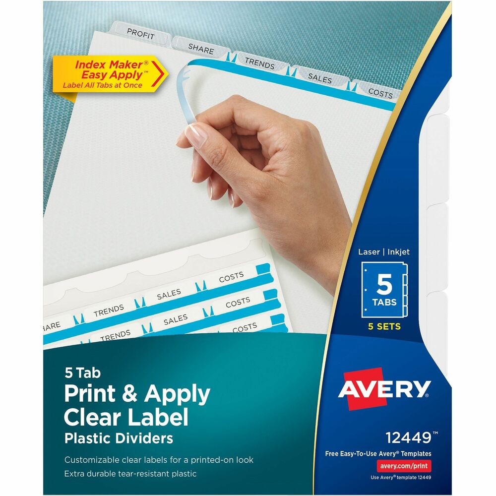 AVE12449 - Translucent plastic dividers add a contemporary look to your documents. The durability of plastic creates great-looking results that last. Patented clear tab labels virtually disappear when applied to premium white dividers. Format the clear tab labels using your existing software and inkjet or laser printer. Avery offers many easy-to-use templates for Microsoft Word and other popular software programs. Save time with included Easy Apply Label Strips. You can apply the clear labels to all the divider tabs at one time. Quick, easy-to-create dividers look professionally printed. Great for larger projects requiring more than one divider set. Dividers are punched for use with three-ring binders. More from the Manufacturer