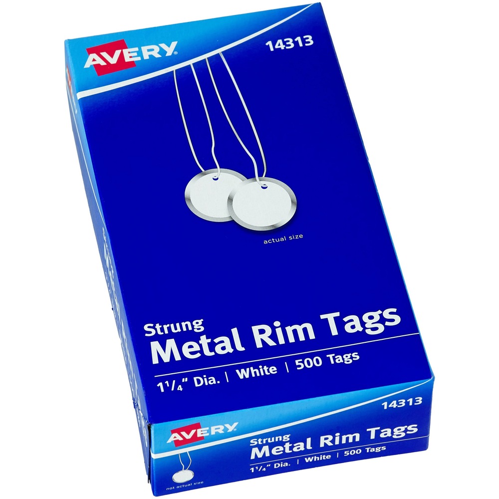 AVE14313 - Metal Rim Tags with string are made of white cardstock with a rim of durable metal. The cardstock provides a smooth, clean surface for writing. Nontarnish metal rim reinforces the tag to keep it from bending, twisting or tearing, making the tags ideal for situations where they will be handled frequently or roughly. The knotted white string lets you easily attach the tag to your item and remove the tag without tying and untying.
