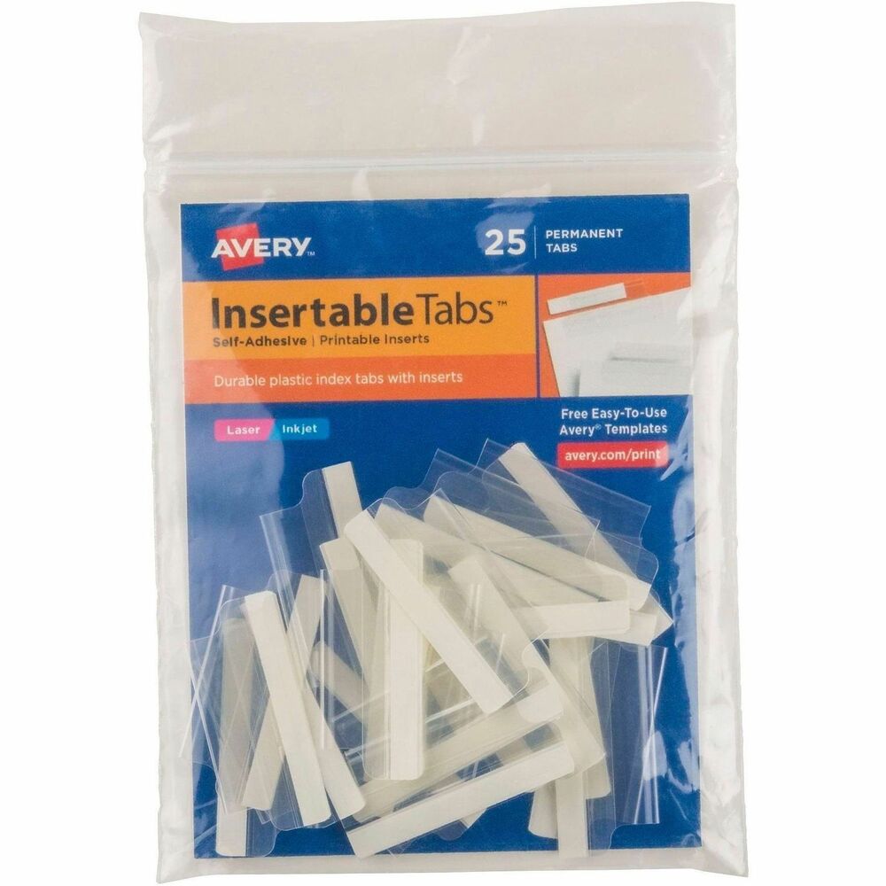 AVE16230 - Precut plastic tabs with inserts can be typed, handwritten or printed with inkjet or laser printers. Feed 4" x 10" sheets through envelope feeder on printer and then separate individual tabs. Adhesive is permanent. Avery offers many easy-to-use templates for Microsoft Word and other popular software programs. Each index tab offers a 1/3" tab extension.