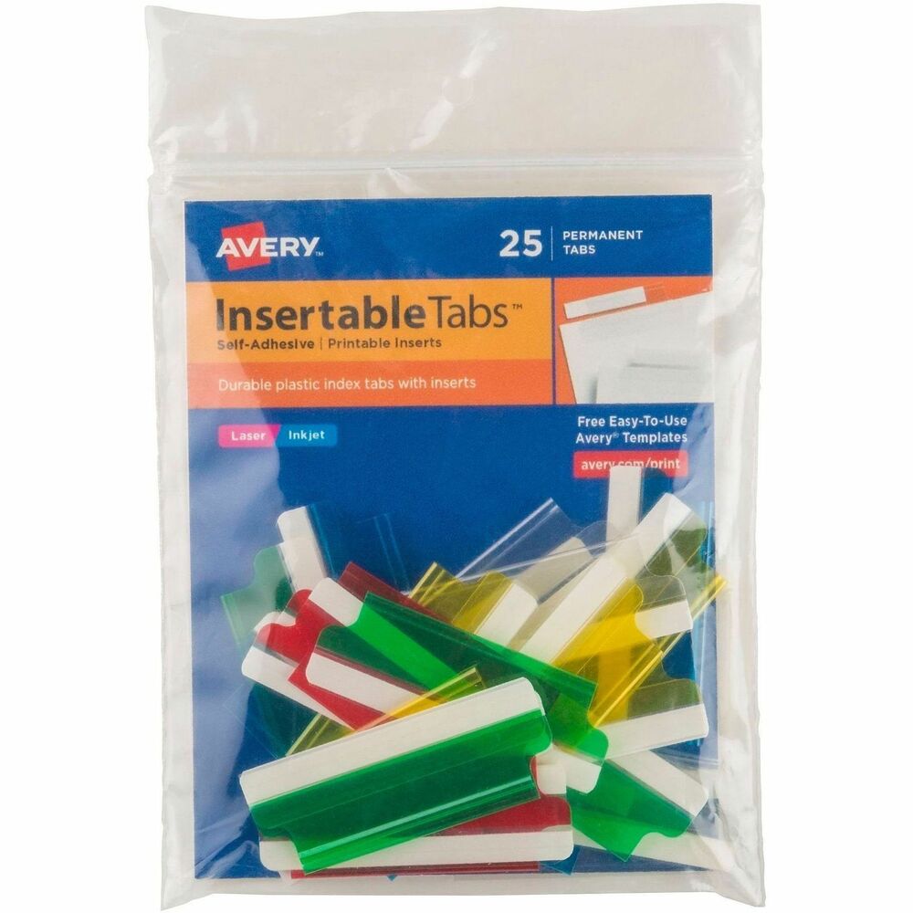 AVE16239 - Precut plastic tabs with inserts can be typed, handwritten or printed with inkjet or laser printers. Feed 4" x 10" sheets through envelope feeder on printer and then separate individual tabs. Adhesive is permanent. Avery offers many easy-to-use templates for Microsoft Word and other popular software programs. Each index tab offers a 1/3" tab extension.