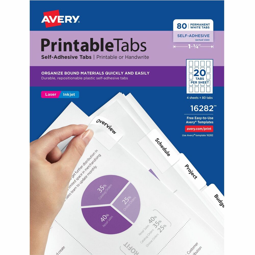 AVE16282 - Print text directly on durable plastic tabs using your PC and inkjet or laser printer, or write directly on tabs. Attach tabs to edge of any size page to organize and index bound reports, presentations, reference manuals and catalogs. Special adhesive allows tabs to be repositioned when applied but become permanent over time for added security. Each pack includes four sheets of tabs. Avery offers many easy-to-use templates for Microsoft Word and other popular software programs. More from the Manufacturer