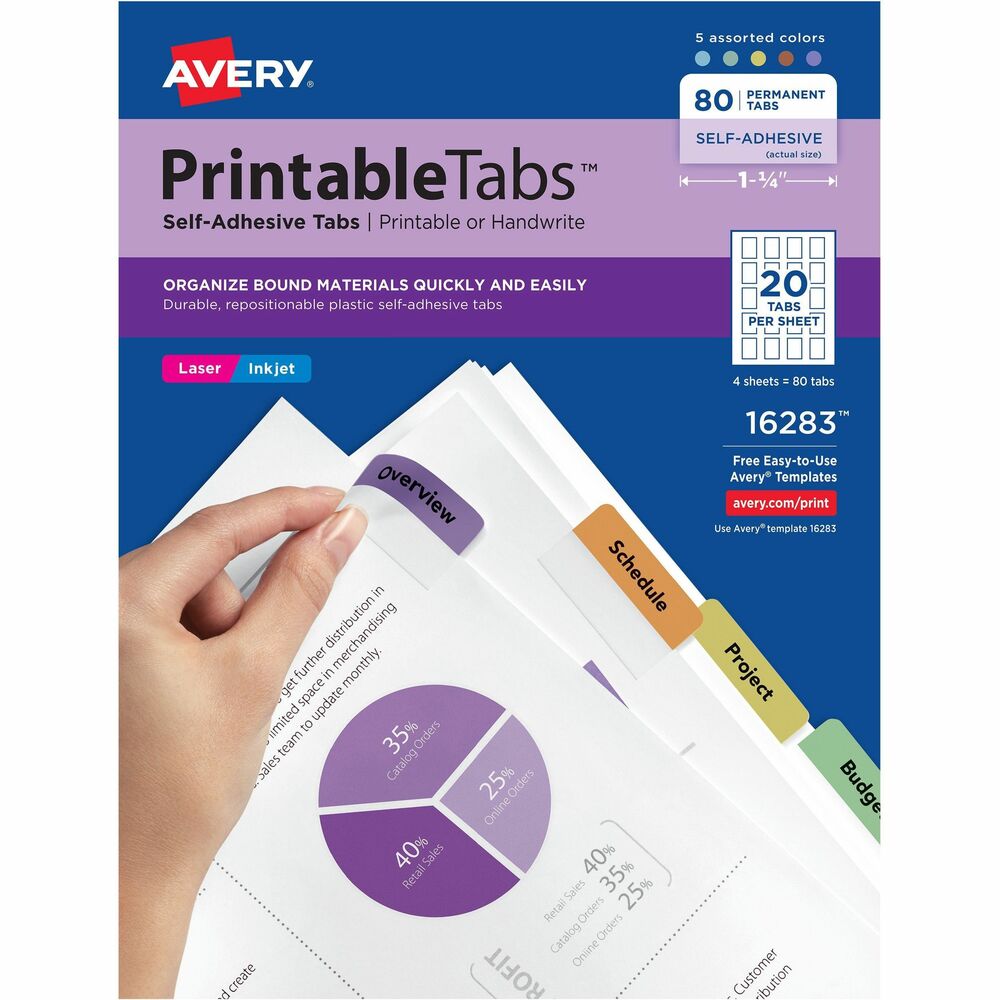 AVE16283 - Print text directly on durable plastic tabs using your PC and inkjet or laser printer, or write directly on tabs. Attach tabs to edge of any size page to organize and index bound reports, presentations, reference manuals and catalogs. Special adhesive allows tabs to be repositioned when applied but become permanent over time for added security. Each pack includes four sheets of tabs. Avery offers many easy-to-use templates for Microsoft Word and other popular software programs. More from the Manufacturer