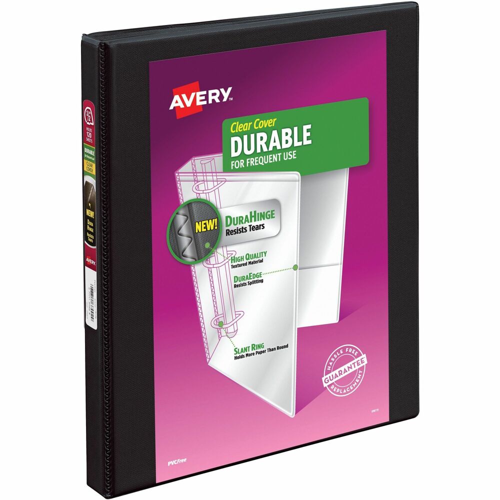 AVE17001 - Designed with toughness and durability in mind, the Avery(R) Durable View 0.5 inch binder stands strong where many basic binders fall apart. Its sturdy exterior features a tear-resistant spine (DuraHinge) and more flexible, split-resistant edges (DuraEdge). Durable binders are also fully adhered with a deep-weave polypropylene cover that is resistant to bubbling, surface wrinkles, and is tear-resistant. The interior of this classic white binder is just as impressive as its exterior. With back-mounted slant rings, your pages will never curl again. Pages lay flat and are easy to turn, while the cover opens and closes without pulling on your papers. Enjoy extra organization and storage capabilities with two interior clear pockets made of nonstick material that won't lift or transfer ink from your documents. Durable binders are perfect for activities that require frequent referencing. Works great as a school binder, recipe binder, music binder, photo album, scrapbook and more. Each binder holds up to 120 sheets of paper with 0.5 inch capacity slant rings. More from the Manufacturer