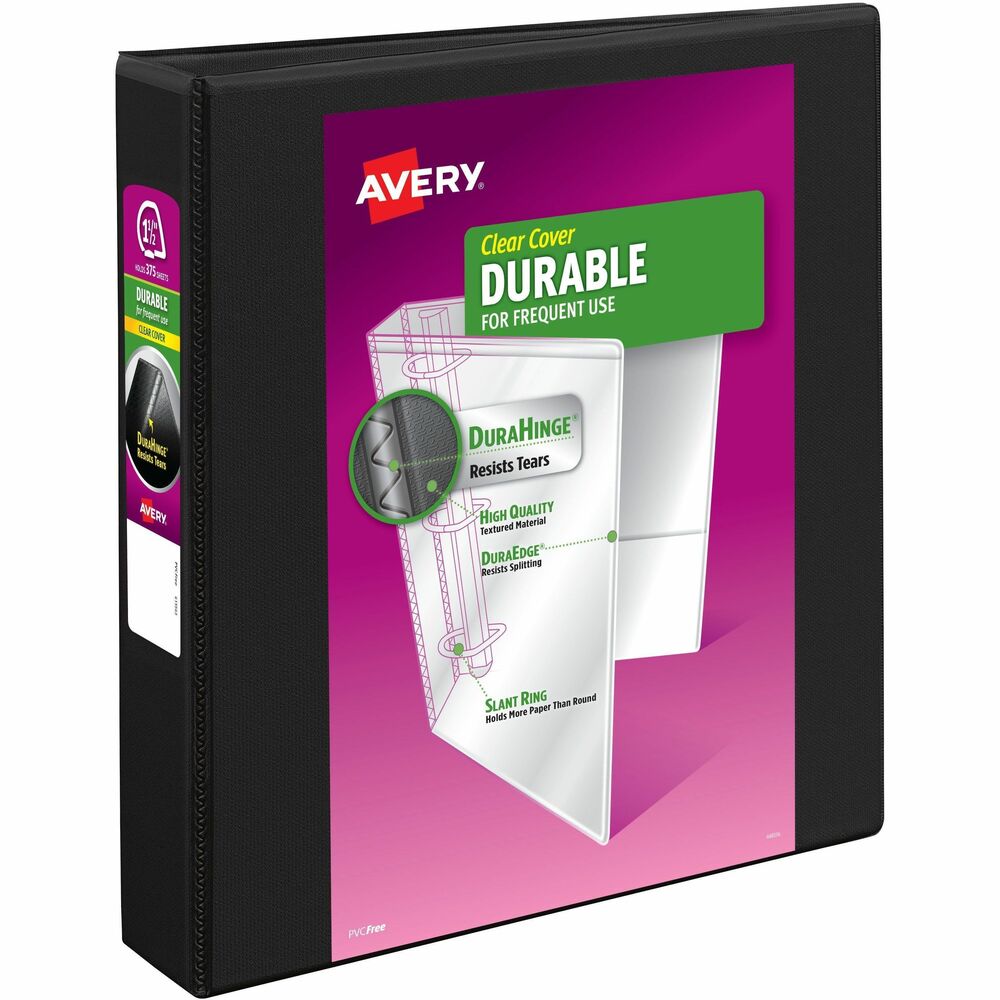 AVE17021 - Make sure important paperwork stays with you for the long haul by storing it in this Avery(R) 17021 Durable View Binder in black. Each 1.5 inch 3 ring binder offers more protection than basic binders with its tear-resistant DuraHinge(R) spine and flexible DuraEdge(R) split-resistant edges. Plus, the deep-weave polypropylene cover makes it resistant to tears, bubbling, and surface wrinkles. Inside, back-mounted rings ensure pages lay flat and turn easily. There's even extra storage with two interior pockets made of nonstick material that won't lift or transfer ink, keeping documents neat and clean. The ring binder features a 2.1-inch spine and 1.5-inch slant rings that hold up to 375 sheets of 8.5" x 11" paper, dividers, or sheet protectors. Perfect for use as a report binder, recipe binder, school binder, presentation binder, photo album, and more. For those who collect trading cards, pair this card binder with Avery's Trading Card Storage Sheets for effortless organization. No matter what you use it for, you can easily personalize your own custom binder using Avery(R) Design & Print and the available cover binder templates, fonts, and designs. You can also use your own artwork or graphics and print from any printer. Visit the Avery(R) website and try it out today! More from the Manufacturer
