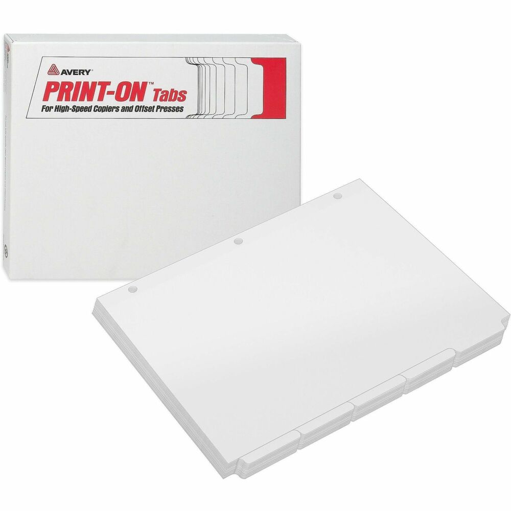 AVE20406 - Label tabs quickly for your high-volume projects when you use these Print-on Tabs. You'll get dozens of tabs filled with sharp text in just a few minutes. Quality dividers can be used with offset presses and high-speed copiers. Print directly on tabs for fast results. Three-hole punched dividers are made of white, 100 lb. stock. Each set contains five tabs. More from the Manufacturer