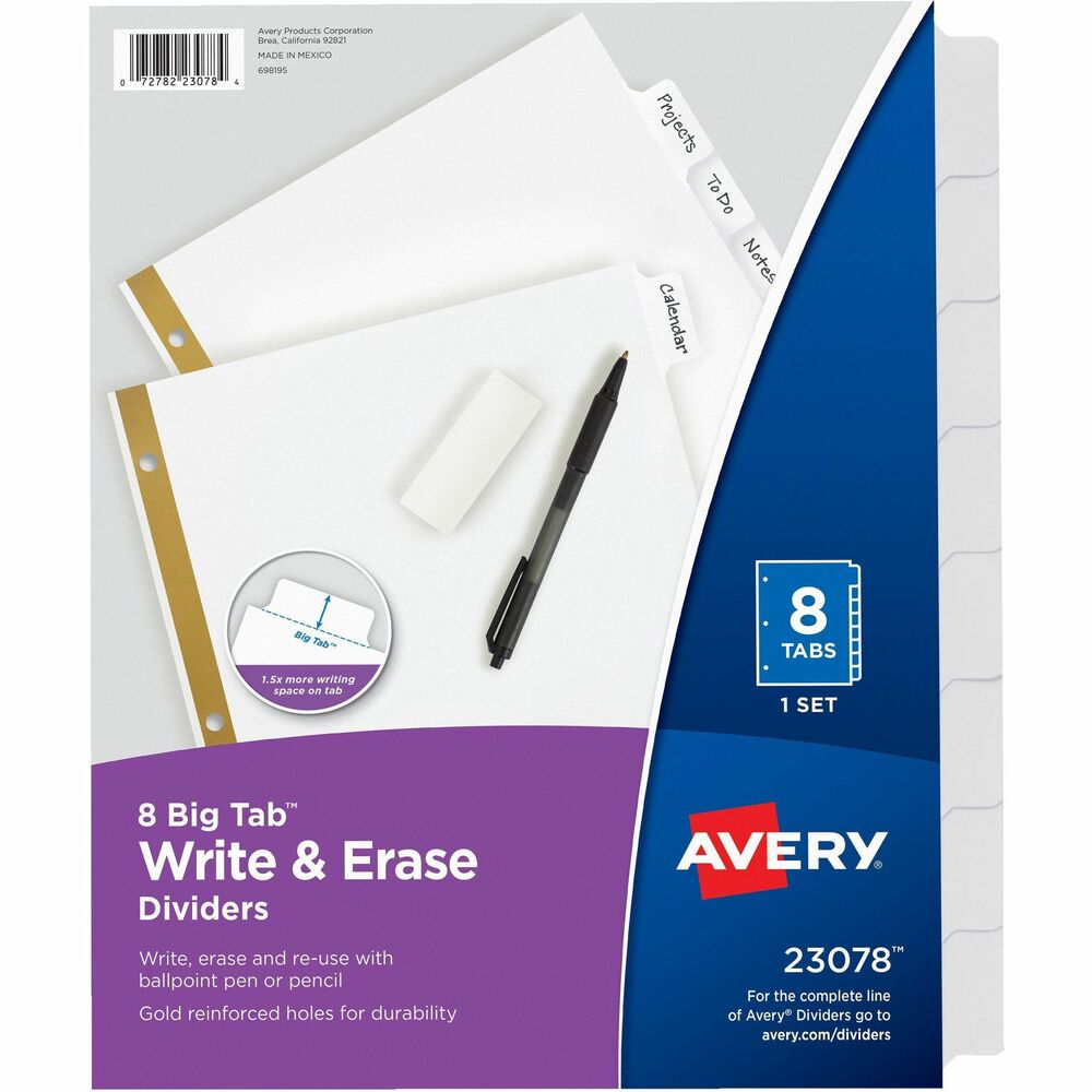 AVE23078 - Bigger tabs in an eight-tab set provide 50 percent more writing space. Write on the laminated tab with virtually any instrument. Use ballpoint pens and pencils for best performance. To reuse, erase and write on it again. Gold-reinforced binding edge on the letter-size divider delivers tear-resistance at binder holes. More from the Manufacturer