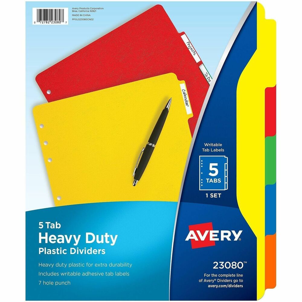 AVE23080 - Plastic tab dividers are made from a single piece of tough polyethylene. Dividers are seven-hole punched to fit both standard three-ring binders and seven-ring binders. Use included white self-adhesive labels to create quick tab titles. More from the Manufacturer