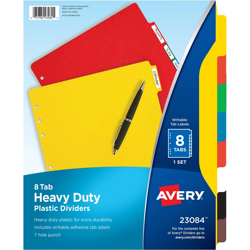AVE23084 - Plastic tab dividers are made from a single piece of tough polyethylene. Dividers are seven-hole punched to fit both standard three-ring binders and seven-ring binders. Use included white self-adhesive labels to create quick tab titles. More from the Manufacturer